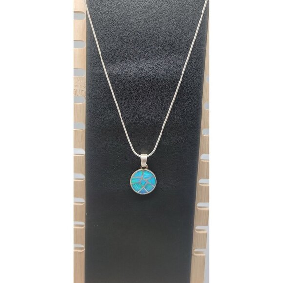 Sterling Silver Inlaid Blue Opal Pendant Necklace 16" Chain Signed ind0925 - Picture 5 of 16